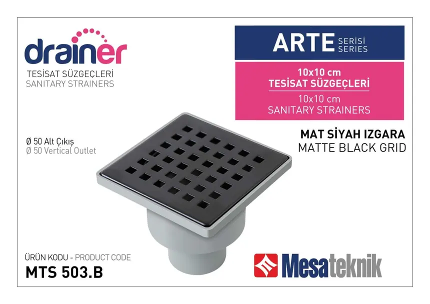 MTS 500B Arte Serisi 10 cm Tesisat Süzgeci Mat Siyah Izgara